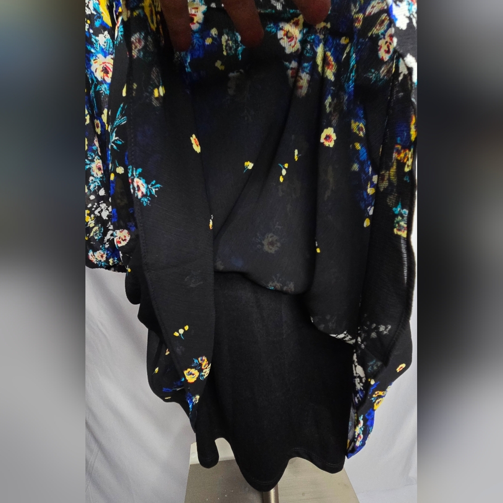 Dkny Black Floral Wrap Dress with Blue & Yellow Accents - Picture 11 of 14